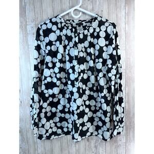 Talbots Blouse Womens‎ L Black White Semi Sheer Ruffle Neck Lightweight Pullover